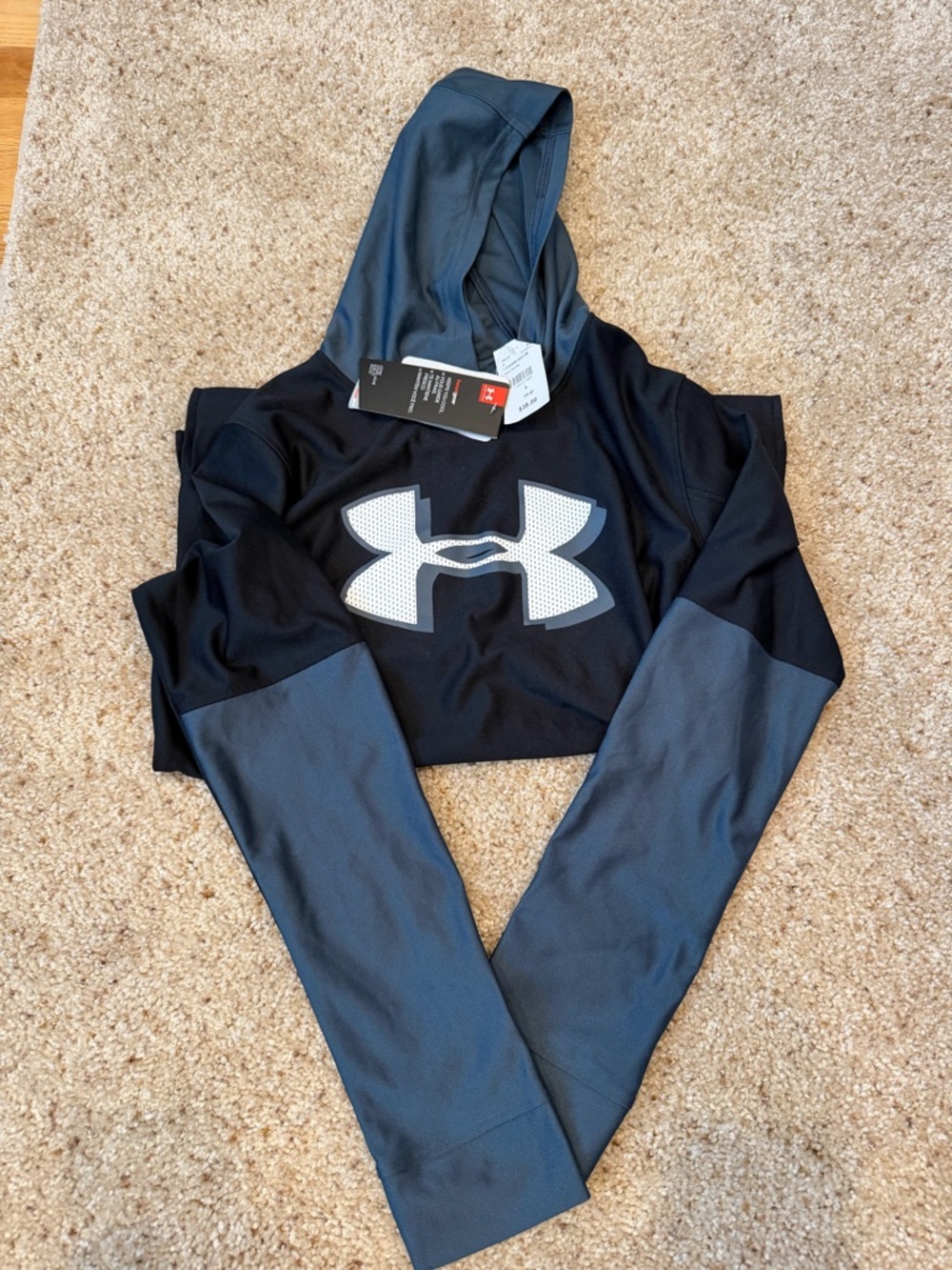 Under Armour Black & Dark Gray Hooded Pullover with White Logo NWT